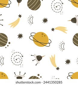 seamless pattern with cartoon planets, spaceship, stars, decor elements. Colorful vector for kids. Space. hand drawing. baby design for fabric, print, wrapper, textile
