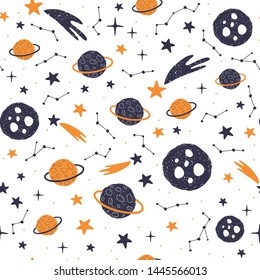 Seamless pattern with cartoon planets, stars and comets. Space Background for Kids. Vector illustrations