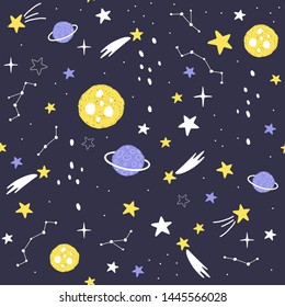 Seamless pattern with cartoon planets, stars and comets. Space Background for Kids. Vector illustrations