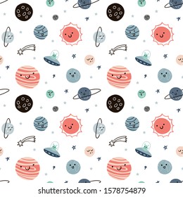 Seamless pattern with cartoon planets, stars, sun on white background. Solar system vector. hand drawing. Space. Design for fabric 