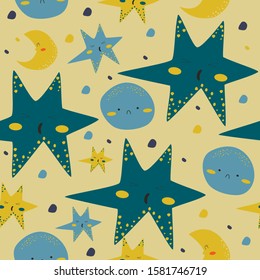 seamless pattern with cartoon planets and stars.  Doodle cosmos illustration