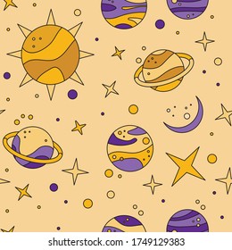 Nahtloses Muster mit Cartoon-Planeten, Sternen und Asteroiden. Weltraumhintergrund. Vektorplaneten-Illustration. Tapete mit Platz für Kinder, Cartoon-Ornamente für Jungen. Textilien für Kinder   