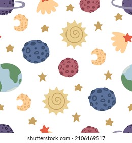 patrón impecable con planetas de dibujos animados, estrellas, elementos decorativos. Vector colorido para los niños. Espacio. dibujo a mano. diseño de bebé para tela, impresión, envoltura, textil