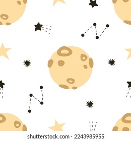 patrón impecable con planetas de dibujos animados, estrellas, elementos decorativos. Vector colorido para los niños. Espacio. dibujo a mano. diseño de bebé para tela, impresión, envoltura, textil