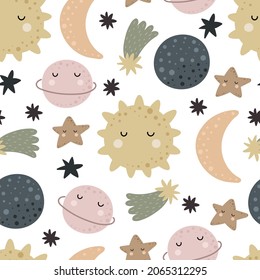 seamless pattern with cartoon planets, sun, stars, decor elements. Colorful vector flat style for kids. Space. hand drawing. baby design for fabric, print, wrapper, textile