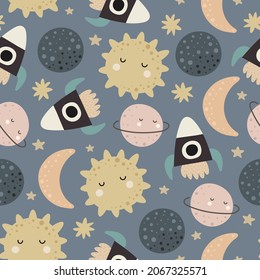 seamless pattern with cartoon planets, sun, spaceship, stars, decor elements. Colorful vector flat style for kids. Space. hand drawing. baby design for fabric, print, wrapper, textile