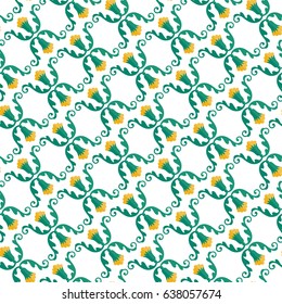 Seamless pattern of cartoon plant tendril with yellow cotton flower. Floral colorful trellis print on white background. Vector illustration
