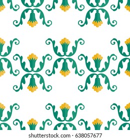 Seamless pattern of cartoon plant tendril with yellow cotton flower. Floral colorful trellis print on white background. Vector illustration