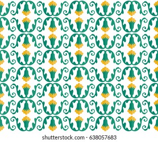 Seamless pattern of cartoon plant tendril with yellow cotton flower. Floral colorful trellis print on white background. Vector illustration