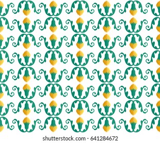 Seamless pattern of cartoon plant tendril with yellow cotton flower. Floral colorful trellis print on white background. Vector illustration