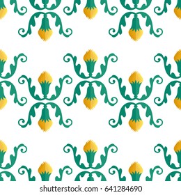 Seamless pattern of cartoon plant tendril with yellow cotton flower. Floral colorful trellis print on white background. Vector illustration
