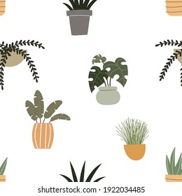 Seamless pattern with cartoon plants. Colorful vector, flat style. Hand drawing, design for fabric, textile, print, wrapper