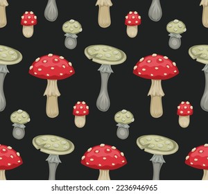 Seamless pattern with cartoon poisonous mushrooms on dark gray background. Autumn drawing of forest amanitas in row. Natural vector texture with dangerous fungus for fabric and wallpaper.