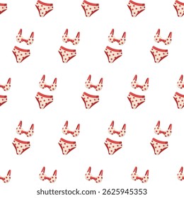 Patrón sin costuras con sujetador de lunares de dibujos animados y bragas. Bañador retro. Lindo fondo de Vector de estilo de dibujos animados