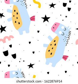Seamless pattern with cartoon ponies, decor elements. Colorful magic vector for kids, flat style. Handmade doodle drawing. baby design for fabric, textile, print, wrapper