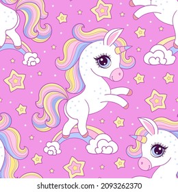 nahtloses Muster mit Cartoon-Pony-Einhörnern auf rosafarbenem Hintergrund. Für Kinder Design, Stoffe, Wallpaper, Hintergründe, Scrapbooking Umhüllungspapier. Vektorgrafik