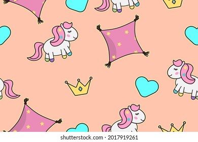 Seamless pattern with cartoon ponys, crowns, hearts and pillows. For postcard, posters, nursery design, greeting card, stickers, room decor, t-shirt, kids apparel, invitation, book.