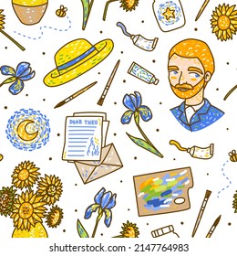 Seamless pattern with cartoon portrait and Van Gogh style elements isolated on white - sunflowers, irises, palette, oil paints, brushes, letters for Your art design