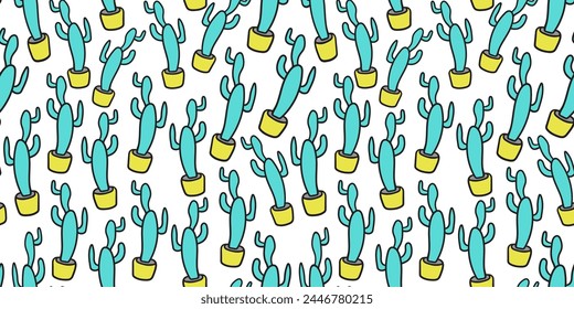 seamless pattern of cartoon pot with cactus in doodle style in vector. template for background, wallpaper, wrapping, fabric, print