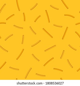 Patrón sin foco con papas de dibujos animados papas fritas en papel rojo empacado en fondo amarillo. Ilustración plana del vector
