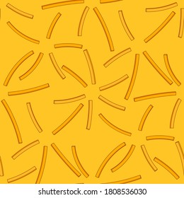 Seamless pattern with cartoon potatoes fries in red paper pack on yellow background. Vector flat illustration