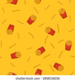 Seamless pattern with cartoon potatoes fries in red paper pack on yellow background. Vector flat illustration