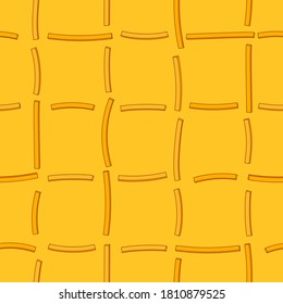 Seamless pattern with cartoon potatoes fries in red paper pack on yellow background. Vector flat illustration