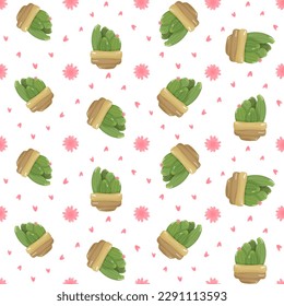 Seamless pattern with cartoon potted houseplant - cute green cactus with blossom and spikes in a beige brown pot on white background.