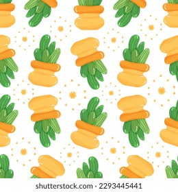 Seamless pattern with cartoon potted houseplant - cute green cactus with spikes in orange pot on white background.
