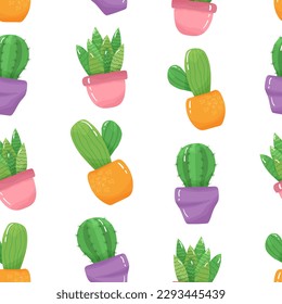 Seamless pattern with cartoon potted houseplants - cute green cactuses with spikes in orange, pink, purple pots on white background.