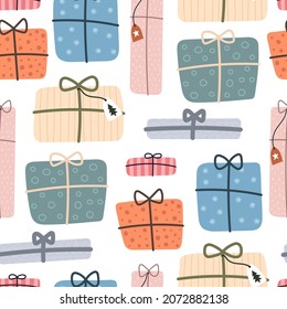Seamless pattern with cartoon presents. Colorful vector flat for kids. hand drawing. baby design for fabric, print, wrapper, textile