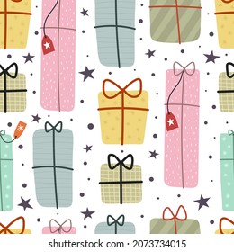 Seamless pattern with cartoon presents. Colorful vector flat for kids. hand drawing. baby design for fabric, print, wrapper, textile