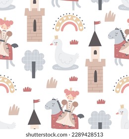 Seamless pattern with cartoon princess, swan, rainbow,  decorative elements. Flat style colorful vector illustration for kids. hand drawing. baby design for fabric, textile, print, wrapper.