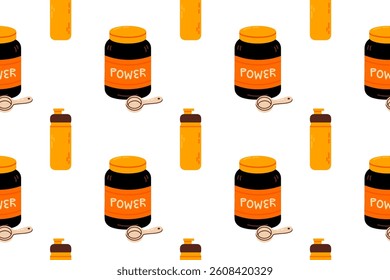 Seamless pattern of cartoon protein powder jars, scoops, and sports shaker bottles in a fitness and gym style
