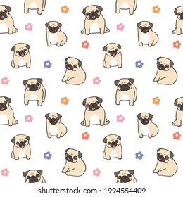 Seamless Pattern with Cartoon Pug Dog and Flower Design on White Background