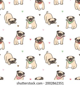 Seamless Pattern of Cartoon Pug Dog Illustration Design on White Background with Hearts