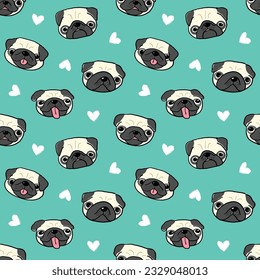 Patrón sin foco de caricatura Pug Dog Face Design sobre fondo verde con corazones