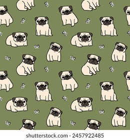 Seamless Pattern with Cartoon Pug Dog Design on Deep Green Background