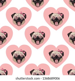 Seamless pattern with a cartoon pug head wearing pink heart glasses and a pink bow against a pink heart on white background. Vector dog illustration. Endless texture with funny dog for your design