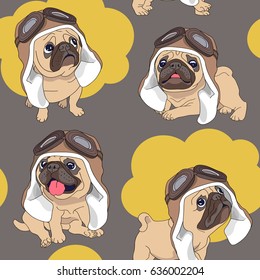 Seamless pattern with cartoon pug puppy in a pilot helmet and clouds. Vector illustration.