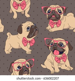 Padrão sem costura com filhote de cachorro pug em um óculos e em uma gravata borboleta. Ilustração vetorial.