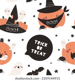 Seamless pattern with cartoon pumpkin characters, halloween pattern in flat style. Vector.