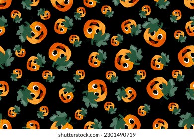 Seamless pattern with Cartoon Pumpkin. Squash with face. Pumpkin Vector illustration. Autumn Vegetables background. Wallpaper and bed linen print. Wrapping paper.
