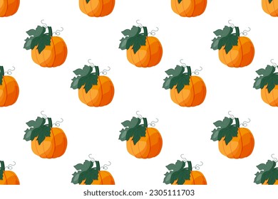 Seamless pattern with Cartoon Pumpkin. Squash endless ornament. Vector illustration. Autumn Vegetables background. Wallpaper and bed linen print. Kitchen apron design.