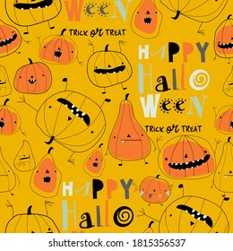 Seamless pattern with cartoon pumpkins on yellow background