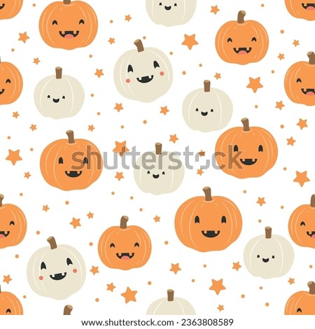 Seamless pattern of cartoon pumpkins and stars on white background