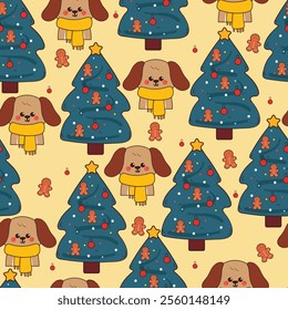 seamless pattern cartoon puppy with christmas tree. cute christmas wallpaper for fabric print, gift wrap paper