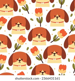 seamless pattern cartoon puppy and flower with yellow background. cute animal wallpaper for textile, gift wrap paper