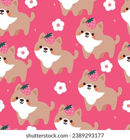 cachorro de dibujos animados sin fisuras con flores de dibujos animados. papel tapiz de animal lindo para textiles, papel de envoltura de regalo