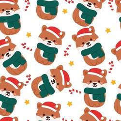 Seamless Pattern Cartoon Puppy With Scarf And Christmas Hat. Cute Animal For Christmas Wallpaper For Textile, Gift Wrap Paper